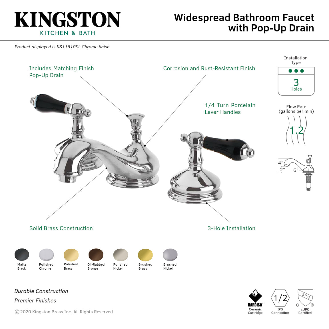 Kingston Heirloom KS1162PKL - Duchess Two-Handle 3-Hole Deck Mount Widespread Bathroom Faucet with Brass Pop-Up, Polished Brass — thumbnail 3
